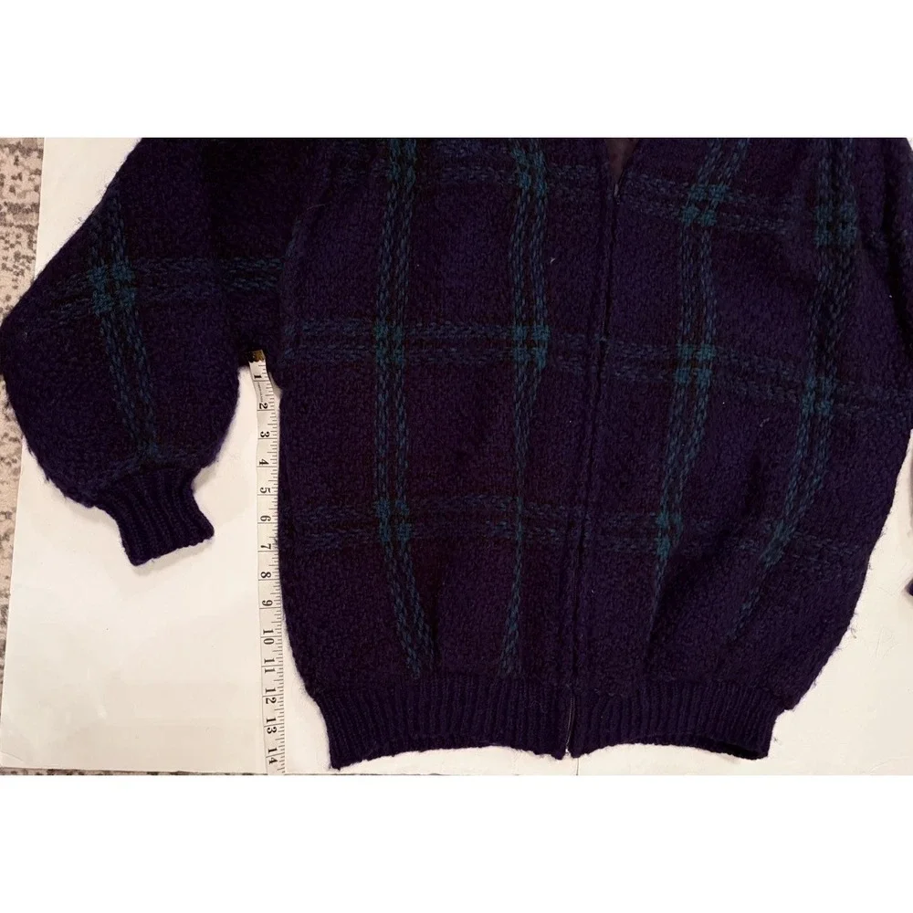 Branigan Weavers Wool Sweater M Green Blue Plaid Full Zip Ireland Vintage Knit